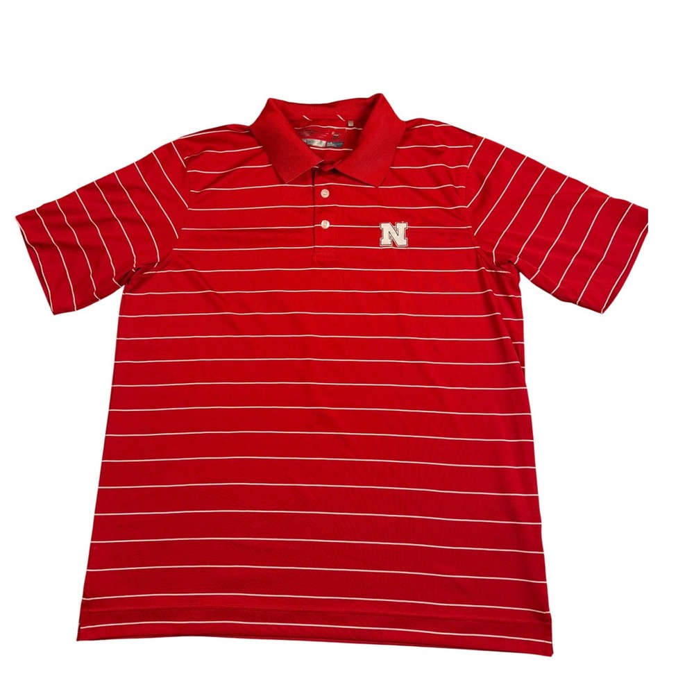 Cutter & Buck Nebraska Huskers Mens Large Red Striped CB‎ DryTec Polo Shirt